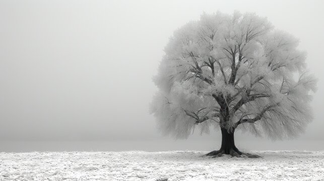 a black and white photo of a tree in the middle of a field with snow on the ground and grass in the foreground.