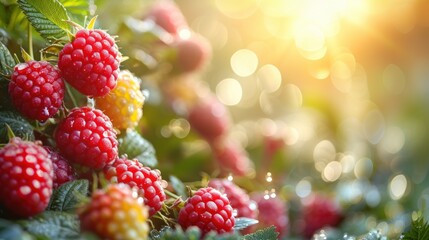 a bunch of raspberries on a bush with leaves and berries in the foreground, with the sun shining in the background. - obrazy, fototapety, plakaty