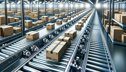 Fototapeta premium The conveyor transports the cardboard boxes to their next destination for shipment. Conveyor belt mechanism and many boxes of various sizes.