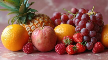 Naklejka na ściany i meble a pineapple, oranges, grapes, strawberries, apples, and oranges on a pink surface.