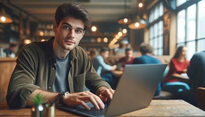 A young man with a concentrated expression on his face is sitting at a wooden table in a cozy cafe and working on his laptop. He looks into the camera and exudes the aura of dedication and hustle of a