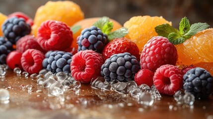 a close up of a bunch of fruit on a table with water splashing on the top of the fruit.