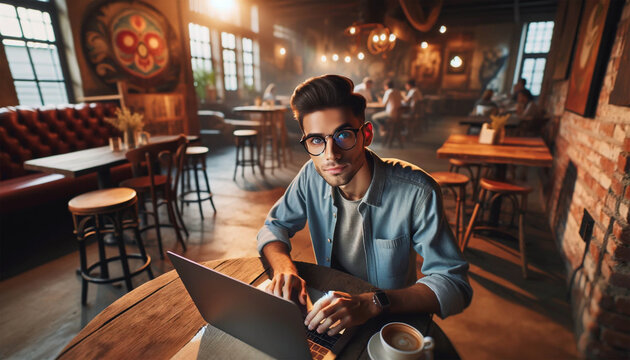A young guy with a stylish hairstyle and glasses working at a laptop at a rustic table in a cafe. He looks at the camera, a moment of inspiration reflected on his face.