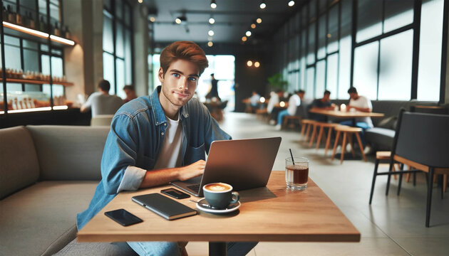 A young man at a table in a cafe, who is busy working on his laptop, surrounded by a cup of coffee and a smartphone. He looks at the camera, showing a relaxed and friendly smile.