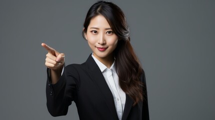 Fototapeta premium Smiling asian business woman pointing up and looking at the camera over gray background