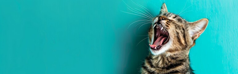studio headshot portrait of domestic cat with mouth open against a teal background