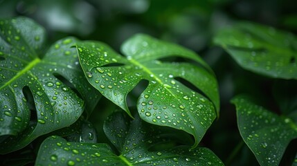 a close up of a green leaf with drops of water on it's leaves and leaves are in the foreground.