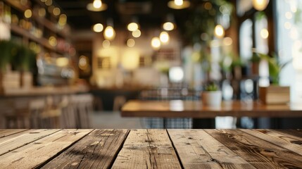Wood table background, Shelf at cafe shop, Perspective wood over blur cafe with bokeh light background, Table for product display,