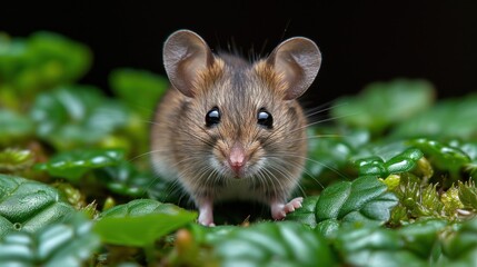 a close up of a small rodent in a field of green leafy plants with one eye on the camera.