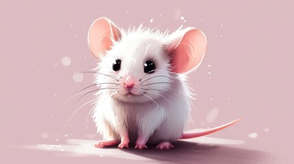 a white rat sitting on top of a pink floor next to a pink wall with snow flakes on it.