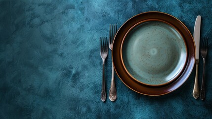 dark colored empty round plate with cutlery generative ai