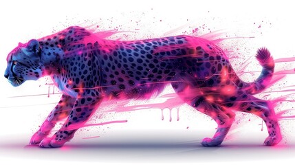 a digital painting of a cheetah with pink and blue paint splatters on it's body.