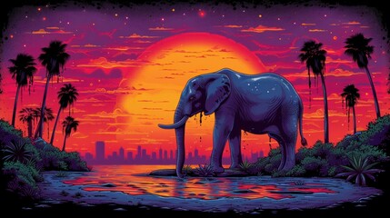 a painting of an elephant in front of a sunset with palm trees and a body of water in the foreground.