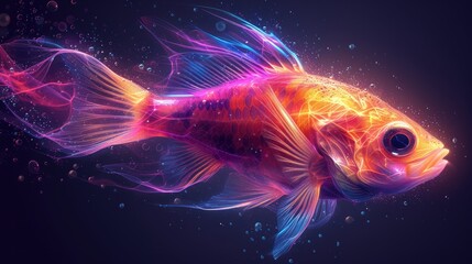 a close up of a goldfish on a dark background with bubbles of water and bubbles of light coming out of the side of the fish's head.