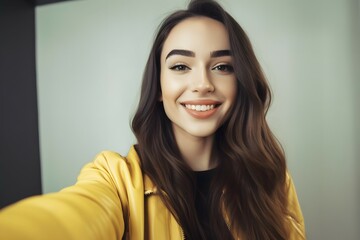 candid of influencer young woman taking a selfie , fashion model, smiling happy mood, award winning studio photography, professional color grading, clean sharp focus, no background, High - end retoch - obrazy, fototapety, plakaty