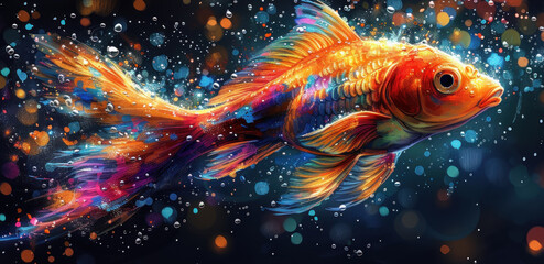a painting of a goldfish with bubbles of water on it's sides and a black background behind it.