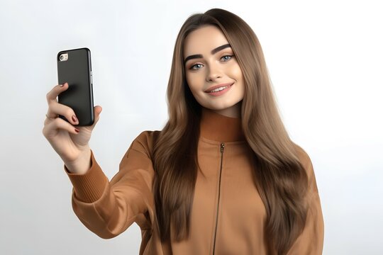 influencer young woman posing for a selfie , model with good features, smiling happy mood, award winning studio photography, professional color grading, clean sharp focus, no background, High - end e