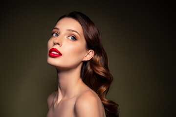 Portrait of stunning seductive hollywood celebrity posing and advertising beauty products for perfect make up