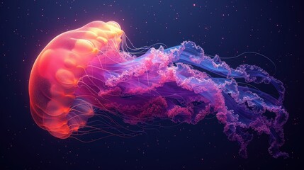 a close up of a jellyfish on a blue and purple background with a pink jellyfish in the middle of the frame.