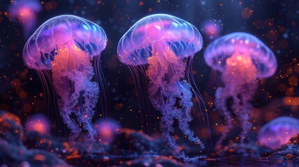 a group of jellyfish floating on top of a blue and purple water filled with jellyfish floating on top of it's sides. - obrazy, fototapety, plakaty