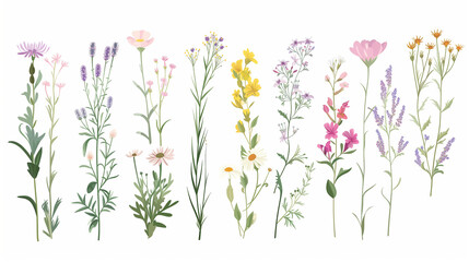 Fototapeta na wymiar Wild flowers vector collection. Herbs, herbaceous flowering plants, blooming flowers, subshrubs isolated on white background. Detailed botanical vector illustration for design decoration