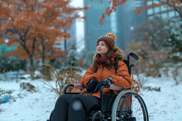 Fototapeta na wymiar A girl sits on a wheelchair in a park in winter