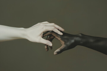 A powerful image showcasing the striking contrast and unity between an albino girl's white hand and a dark-skinned person's hand. The composition represents diversity, acceptance, and connection