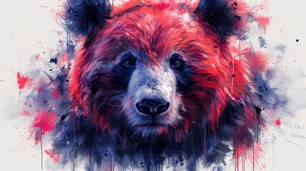 a painting of a bear's face with red and blue paint splatters on it's face.