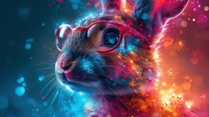 a close up of a rabbit with glasses on it's head and a blurry background of bubbles and stars.