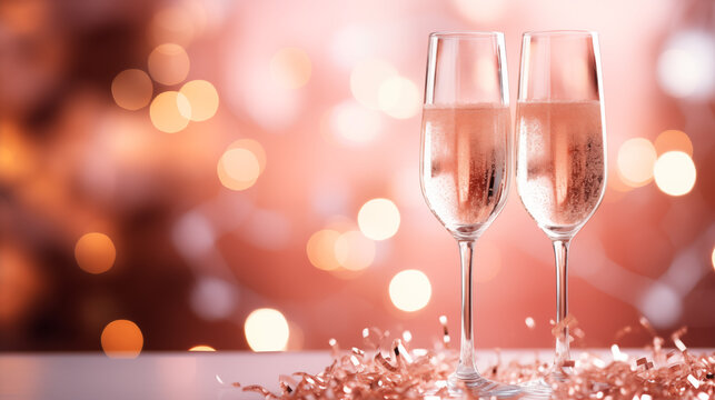 Pink rose champagne glasses close up, beautiful bokeh