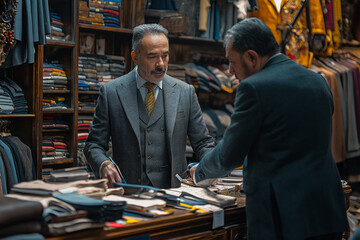 Tailor in his menswear store taking customers measurements for suit