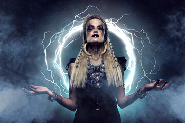 Creative trend collage of powerful shaman witch viking tribe doing dark magic ritual neon light...