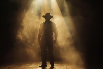 Man in Cowboy Hat Standing in Dark Room - obrazy, fototapety, plakaty