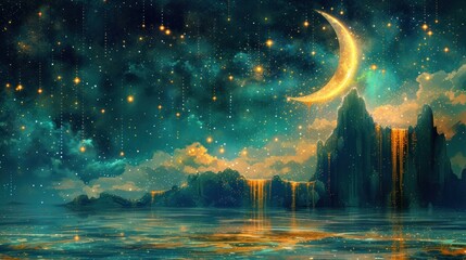 a painting of a night sky with stars and a moon over a body of water with a mountain in the background.