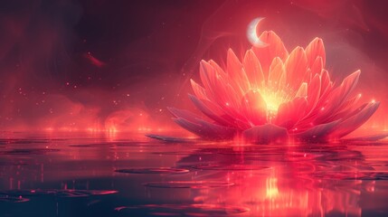 a water lily floating on top of a body of water with a crescent moon in the sky in the background.