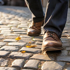Moving Forward: A Visual Metaphor of Progress and Exploration through a Footstep on Cobblestone Path