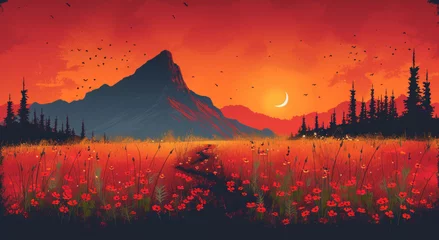 Poster a painting of a sunset over a field of wildflowers with a path leading to a mountain in the distance. © Shanti