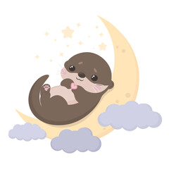 Little Cartoon Otter  With Heart Lies on the Moon in the Clouds Starry Sky