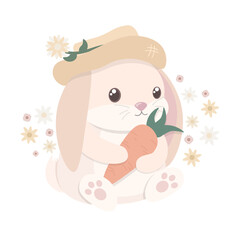 Cute Cartoon A Rabbit in a Hat holds a Carrot while sitting in the Flowers