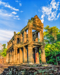 Remains of an ancient multi-storey stone building at Preah Khan, near Angkor Wat, Cambodia