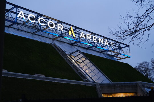 Paris, France - February 15, 2024: A close-up of the Accor Arena in the evening.