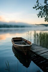 a small boat sitting on top of a body of water