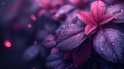 a close up of a pink flower with water droplets on it's petals and green leaves on a purple background. - obrazy, fototapety, plakaty