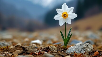 a single white daffodil sitting on top of a pile of rocks in the middle of a field.