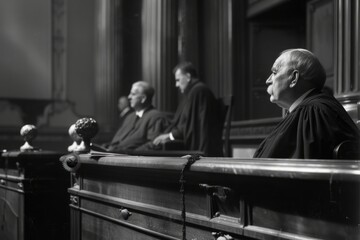 Judge Sitting at Desk in Courtroom - obrazy, fototapety, plakaty