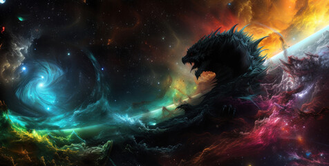 an image of a dragon in the middle of a space filled with stars and a spiral vortex of fire and smoke.