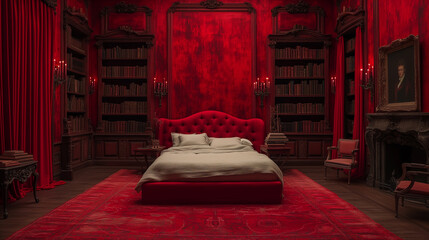 Luxurious red bedroom interior exudes elegance with large bed, reminiscent of Mr. Grey style