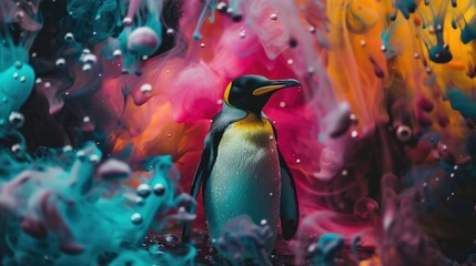 a colorful painting of a penguin standing in front of a blue, yellow, pink, and orange paint splattered background.