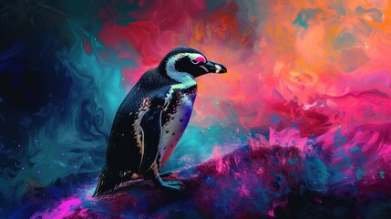 a painting of a penguin sitting on a rock in front of a multicolored background of clouds and water. - obrazy, fototapety, plakaty