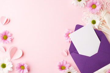 Blossoming affections: celebrating women's day with floral charm. Top view of purple envelope with...